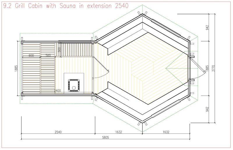 Grillkota 9.2m² mit Sauna-Anbau und optionaler Grillanlage